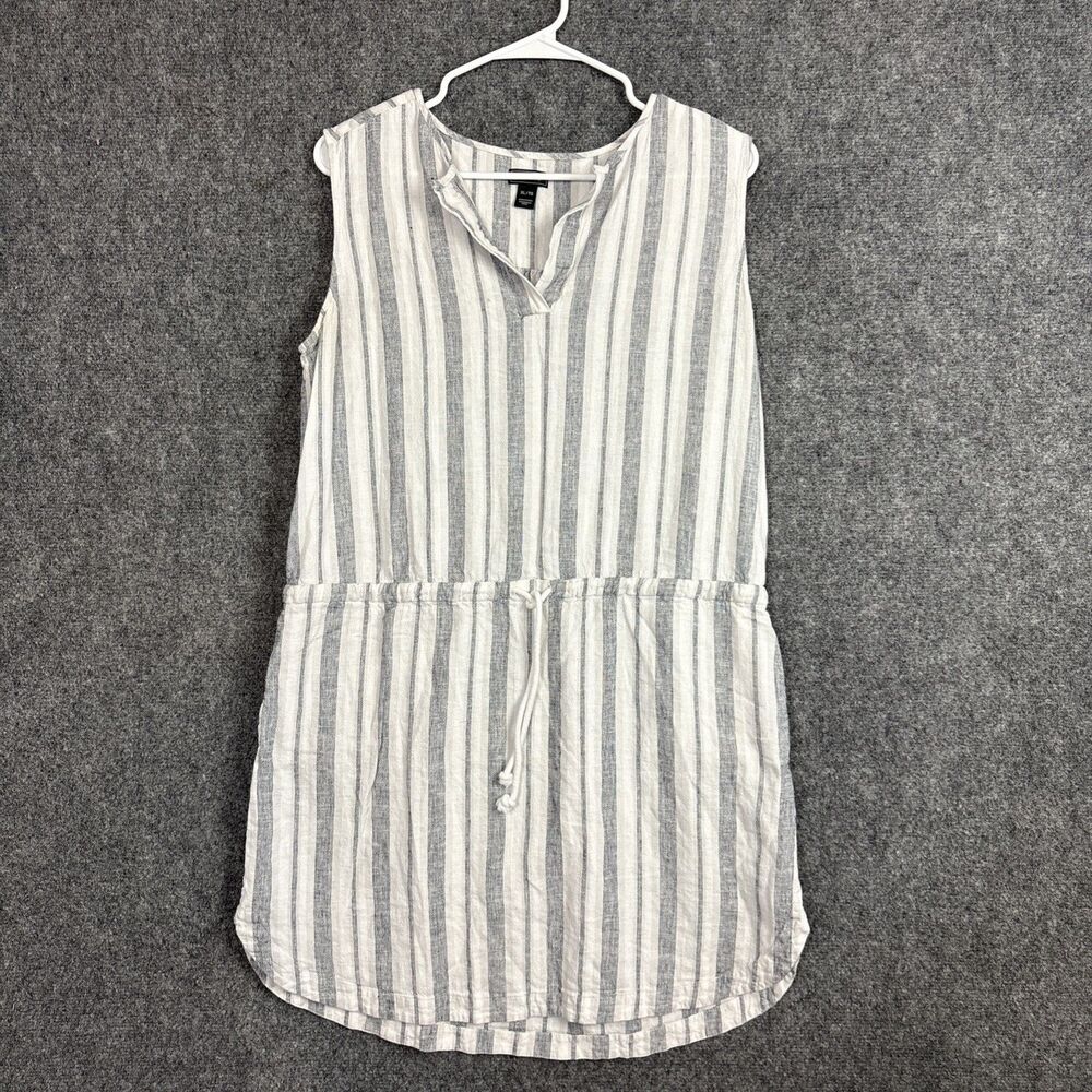 Roots Dress Womens Size XL Grey Striped Linen Blend Beach Cottagecore Nautical